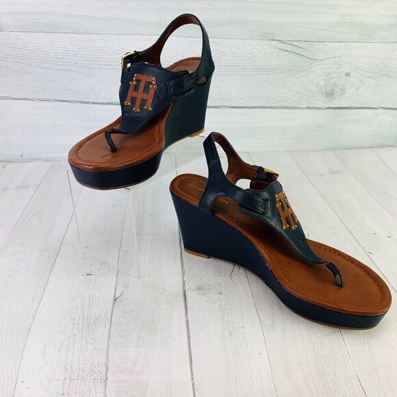 Tommy Hilfiger Women Dark Navy Open Toe Wedge Heel Platform Sandals Size 10 M - Picture 2 of 11